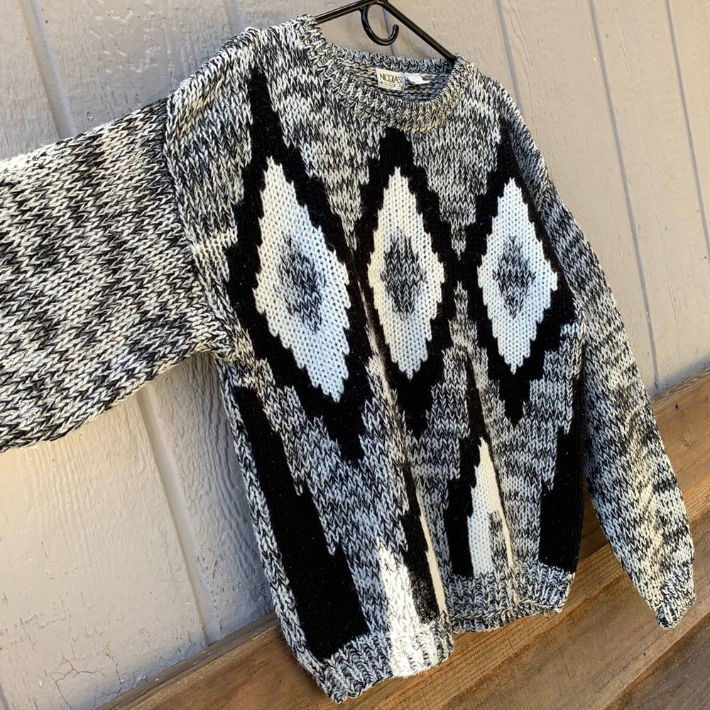 Vintage black white gray chevron chunky knit crewneck oversized grandpa sweater - Picture 10 of 16